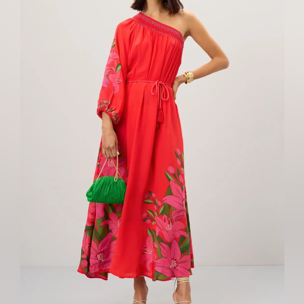 FARM Rio Red Floral One-Shoulder Maxi Dress